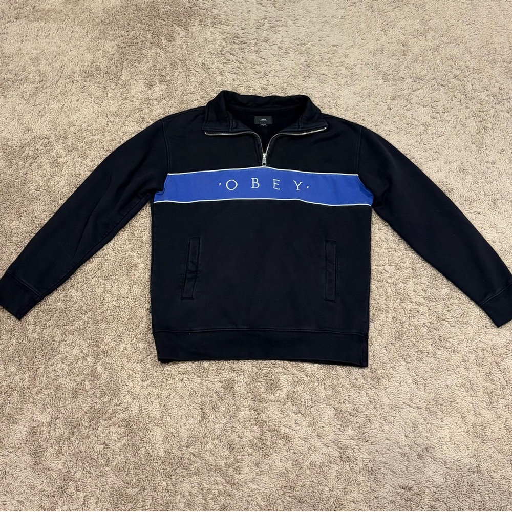 Obey Men's Black Quarter Zip with Blue Stripe